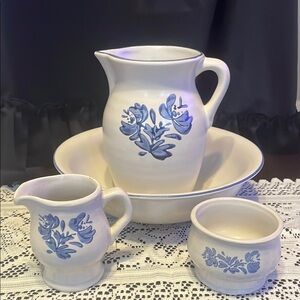 Floral Blue and White Ceramic Pitcher Set